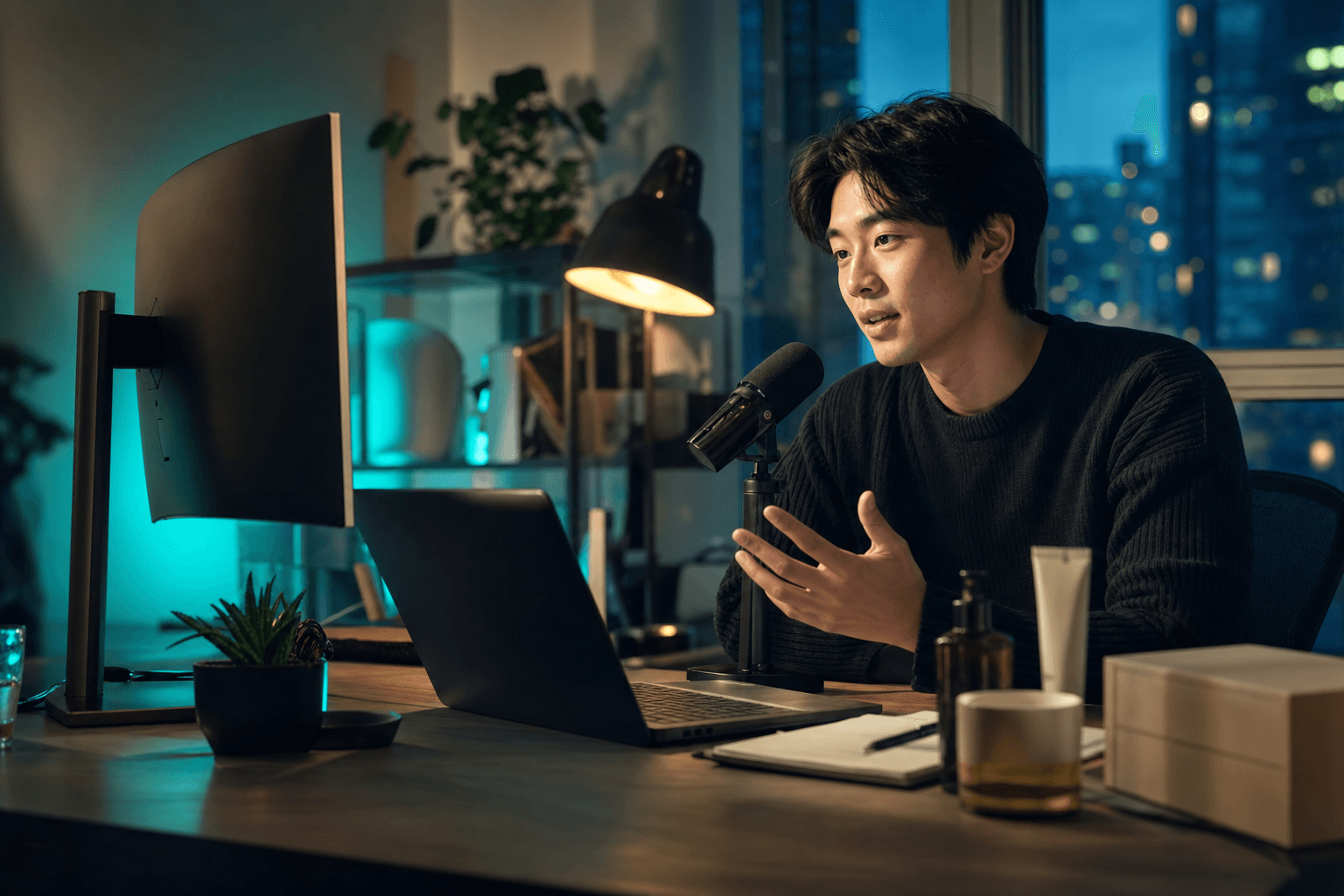 Young ecommerce founder speaking with an AI commerce workspace at his desk