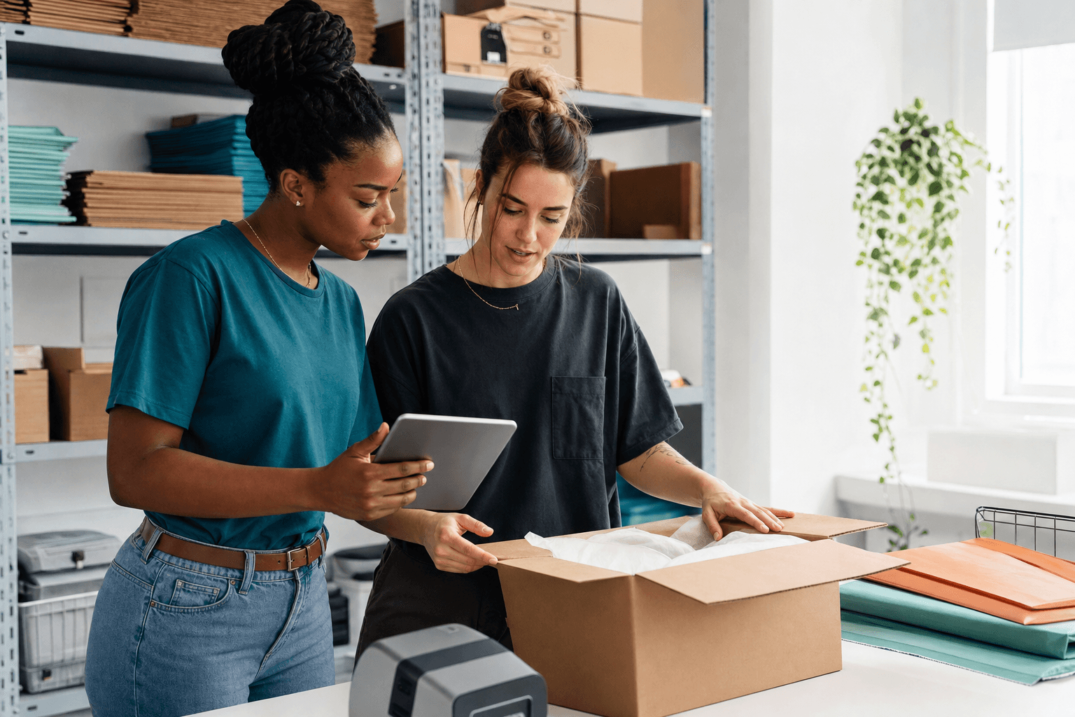 Two young operators reviewing an AI recommendation before packing an order