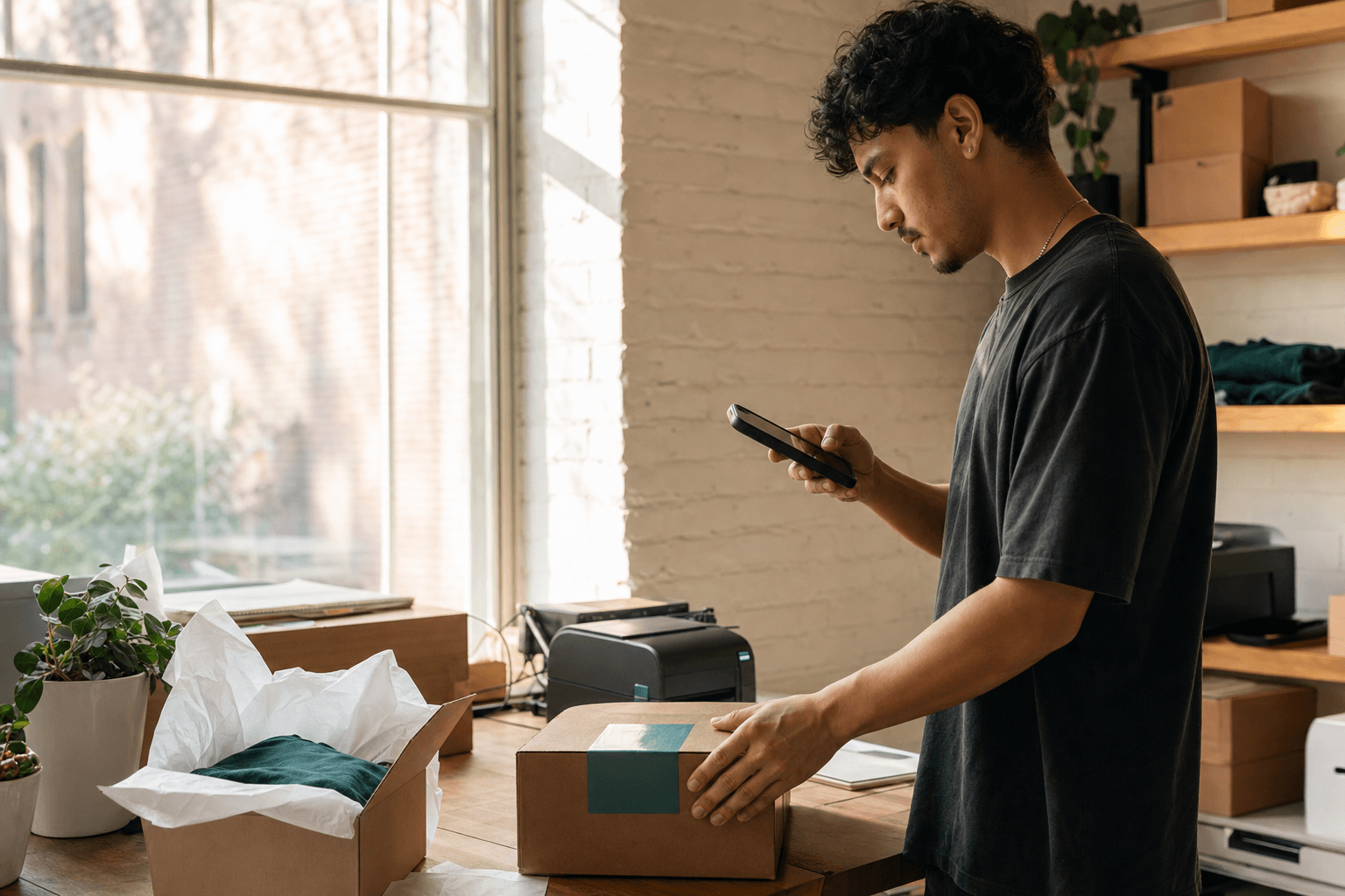 Young marketplace seller scanning a parcel before completing fulfilment