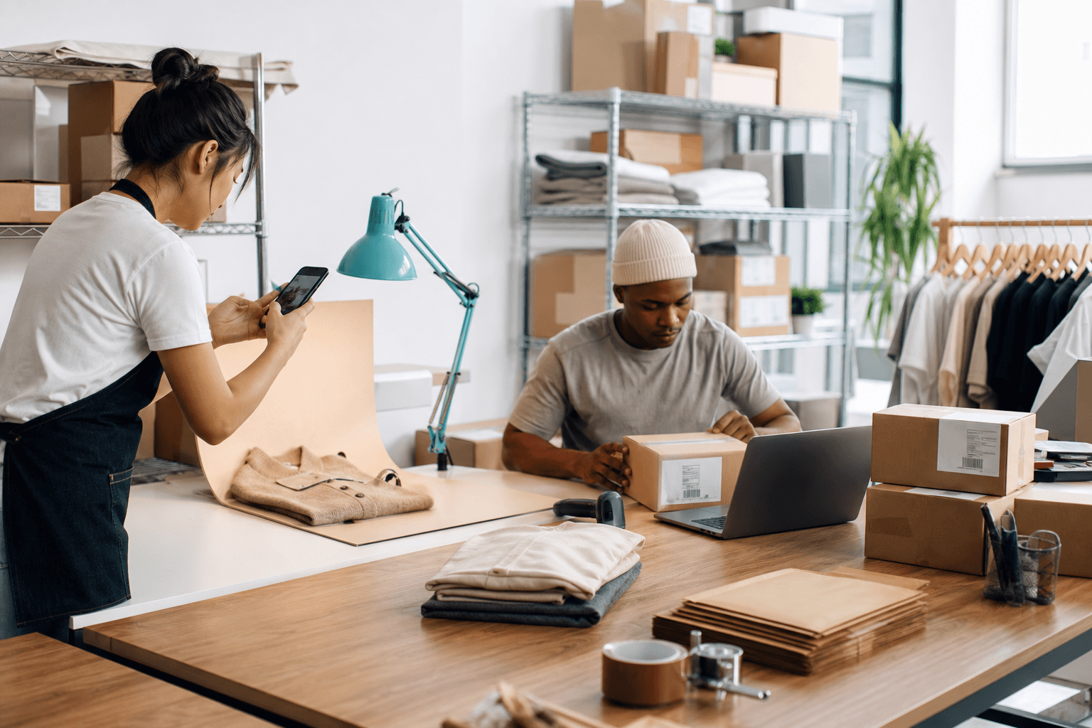 Ecommerce team photographing products and preparing marketplace orders