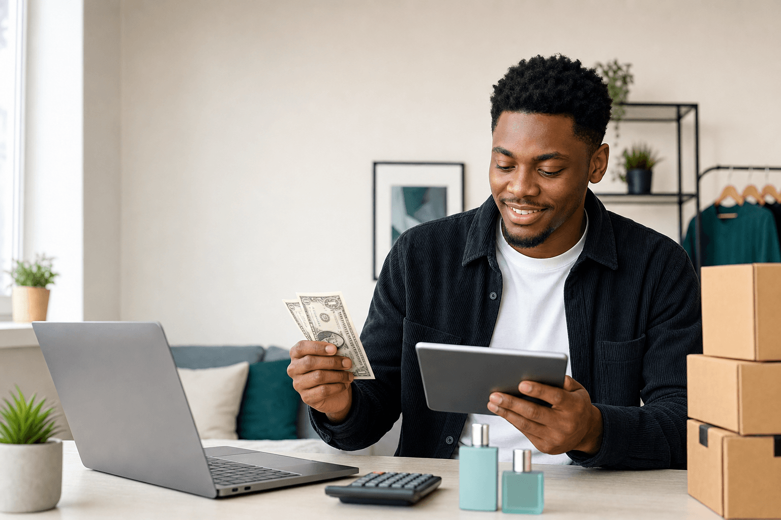 Young ecommerce creator reviewing pricing and growth capacity beside his product workspace