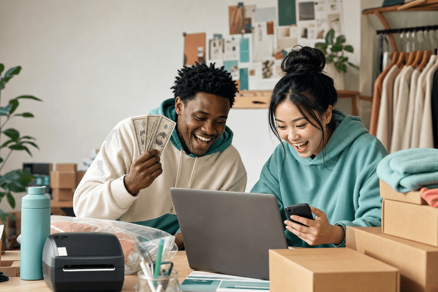 Two young ecommerce creators celebrating an early business milestone in their home studio