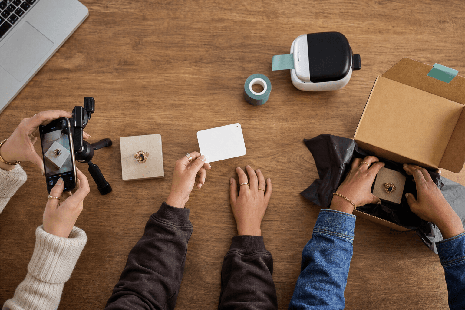Overhead product workflow showing photography, evidence review and order packing